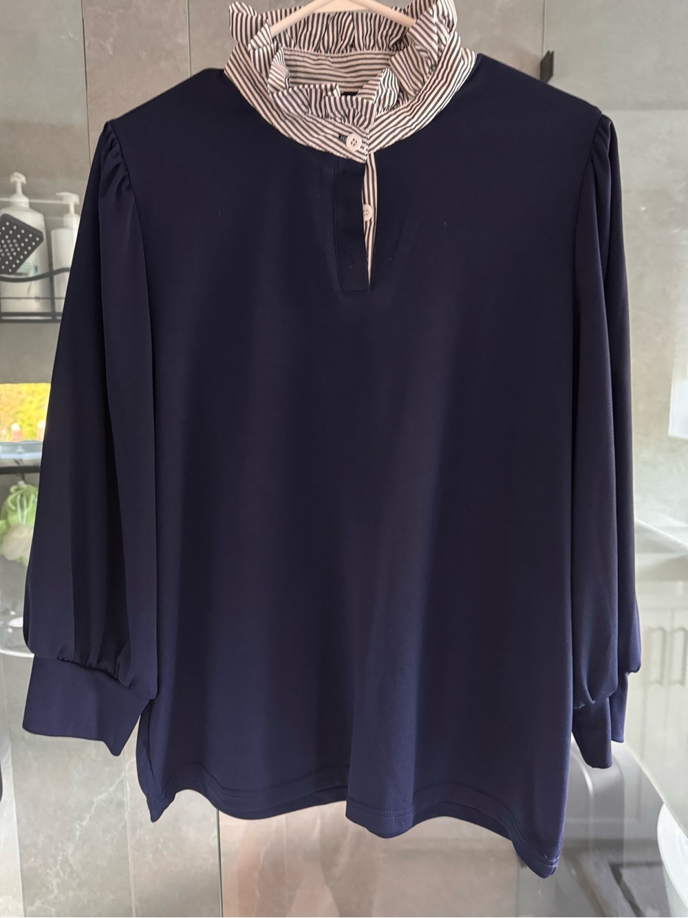 BNWT Navy Blouse with Striped Mock Neck
